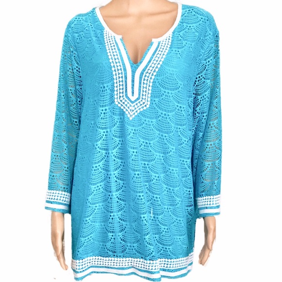 Alfred Dunner Tops - Aqua Solid Lace Tunic
